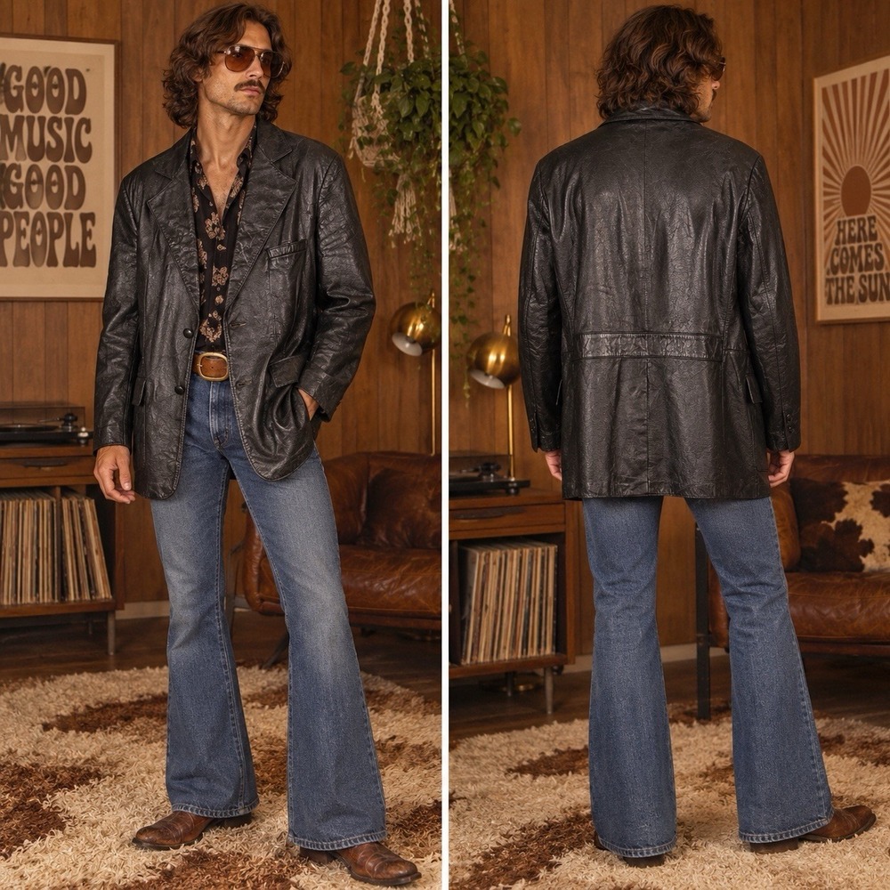 Vintage 1970s The Legacy Black Leather Blazer Jacket 48 L Made Korea Soft Supple